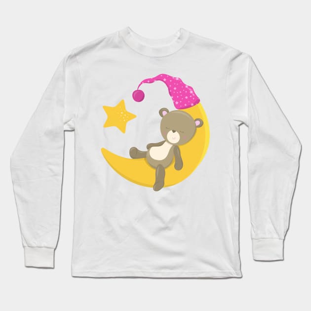 Sleeping Bear, Bear On The Moon, Cute Bear Long Sleeve T-Shirt by Jelena Dunčević